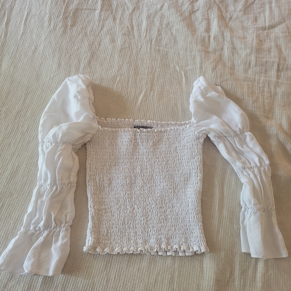 Reformation White Smocked Blouse with Puff Sleeves